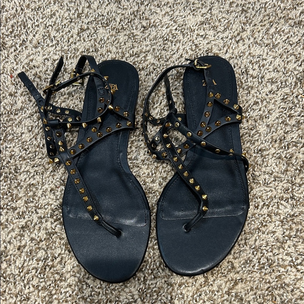 Zara Black Sandals with Gold Studs